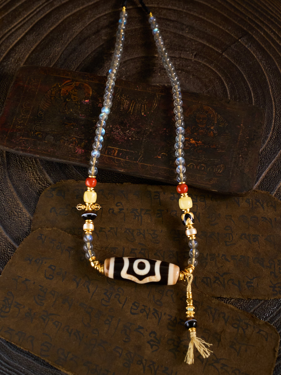 Triple Blessings of Wealth, Health & Longevity – Three-Eyed Dzi Bead Labradorite 108 Mala Necklace