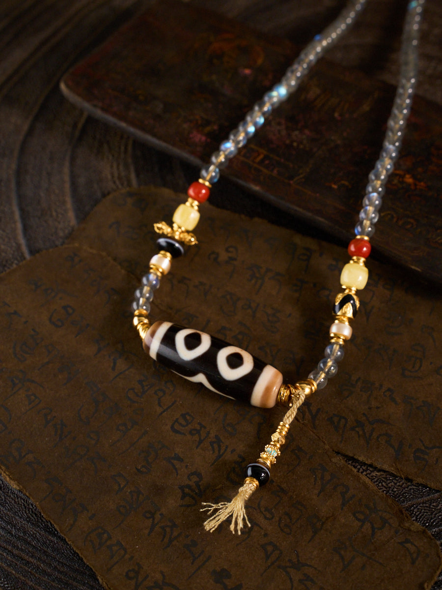 Triple Blessings of Wealth, Health & Longevity – Three-Eyed Dzi Bead Labradorite 108 Mala Necklace