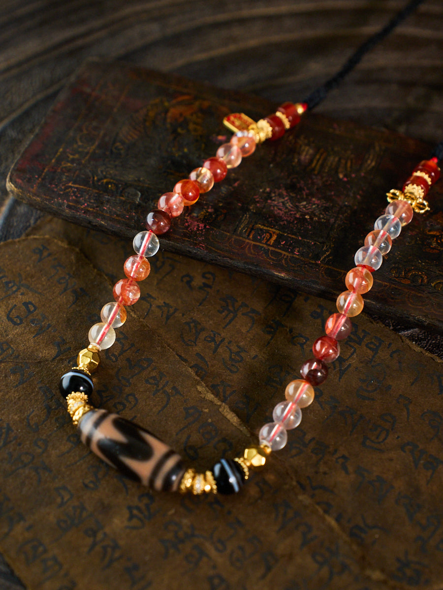 Fierce Protection & Commanding Fortune – Tiger Tooth Dzi Bead Phoenix Feather Phantom Quartz Handmade Necklace