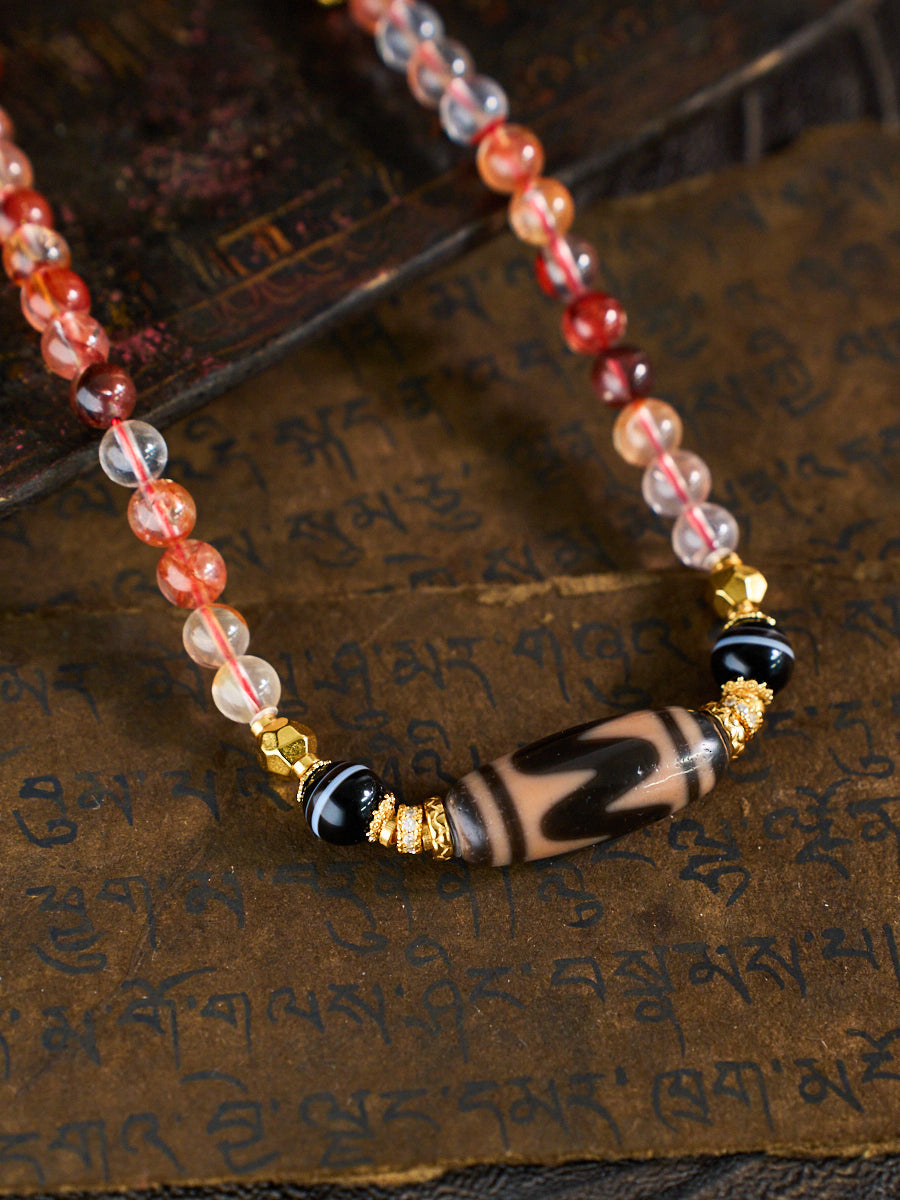 Fierce Protection & Commanding Fortune – Tiger Tooth Dzi Bead Phoenix Feather Phantom Quartz Handmade Necklace
