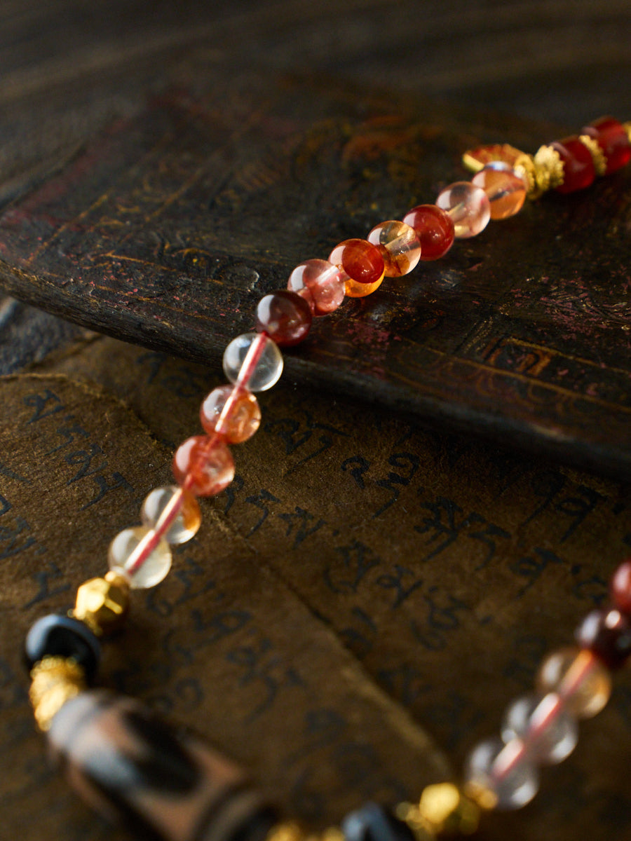 Fierce Protection & Commanding Fortune – Tiger Tooth Dzi Bead Phoenix Feather Phantom Quartz Handmade Necklace
