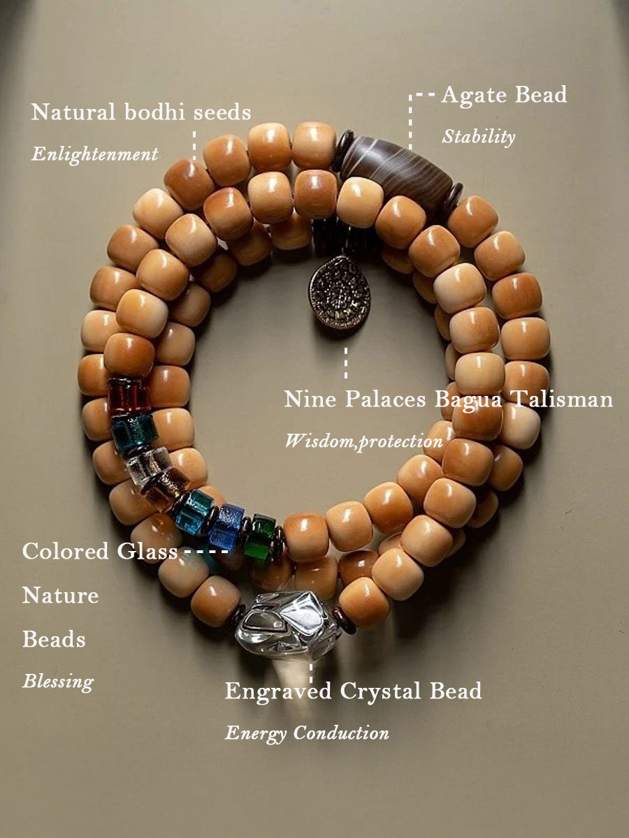 Bodhi Seed 108 Mala Necklace – Nine-Palace Bagua & Five-Color Crystal Design