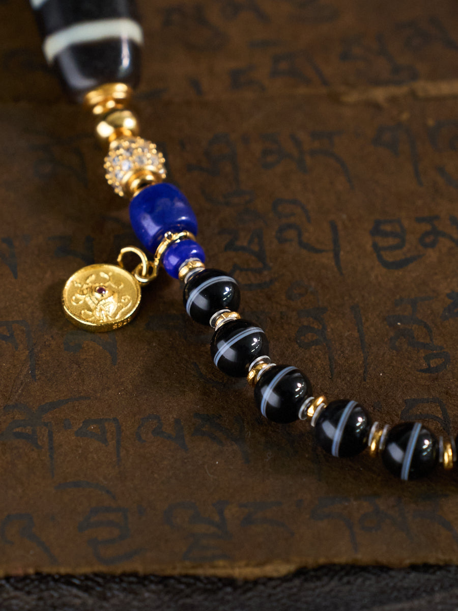 Cosmic Balance & Dual Realm Blessings – Heaven-Earth Dzi Bead Lapis Lazuli Necklace