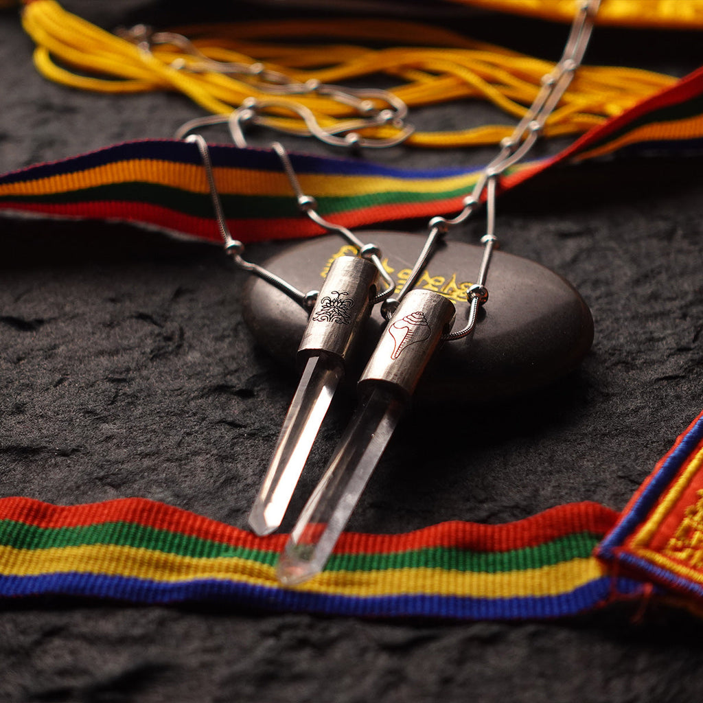 Eight Blessings from Tibet Spiritual Amulet Necklace in Sterling Silver & Crystal Quartz