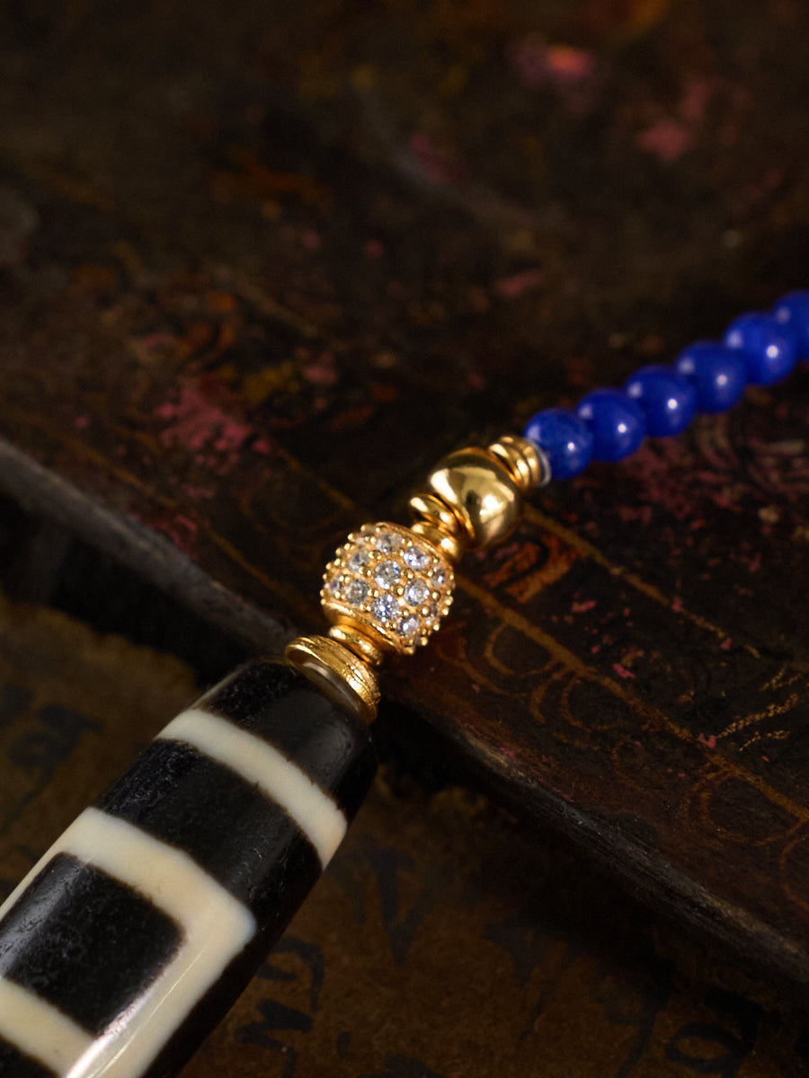 Cosmic Balance & Dual Realm Blessings – Heaven-Earth Dzi Bead Lapis Lazuli Necklace