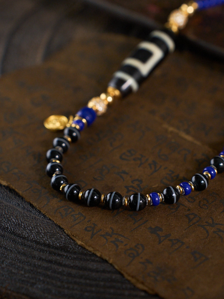 Cosmic Balance & Dual Realm Blessings – Heaven-Earth Dzi Bead Lapis Lazuli Necklace