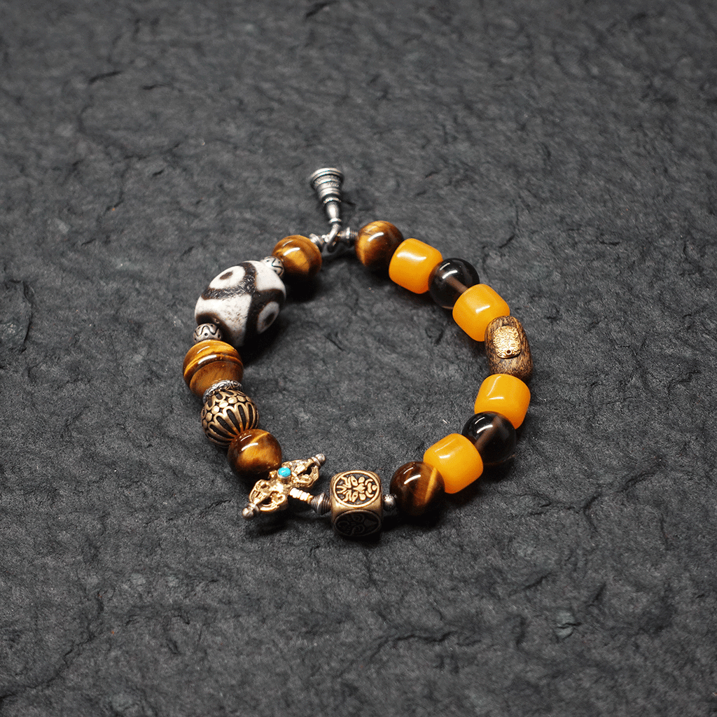 Protective Energy Three-Eyed Dzi Bead Bracelet Tibetan Vajra Silver Talisman