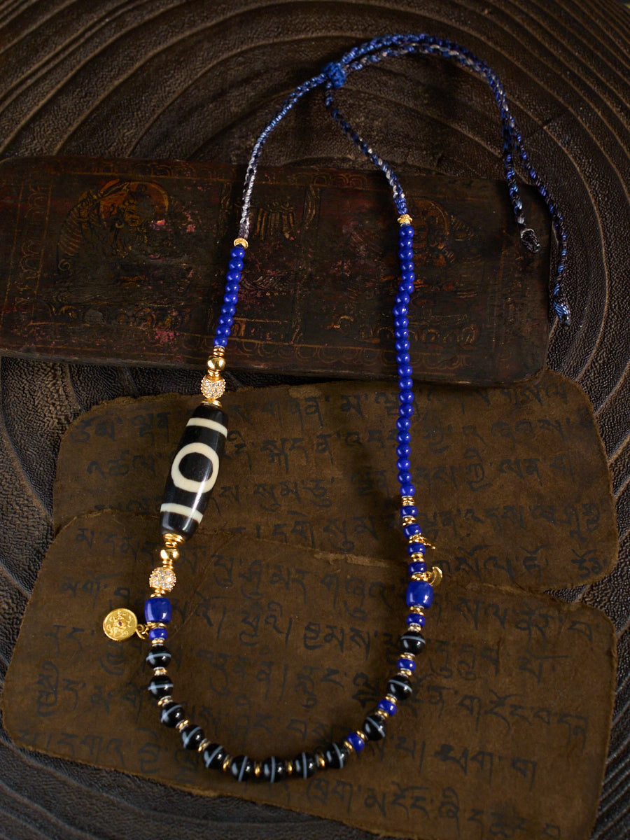 Cosmic Balance & Dual Realm Blessings – Heaven-Earth Dzi Bead Lapis Lazuli Necklace