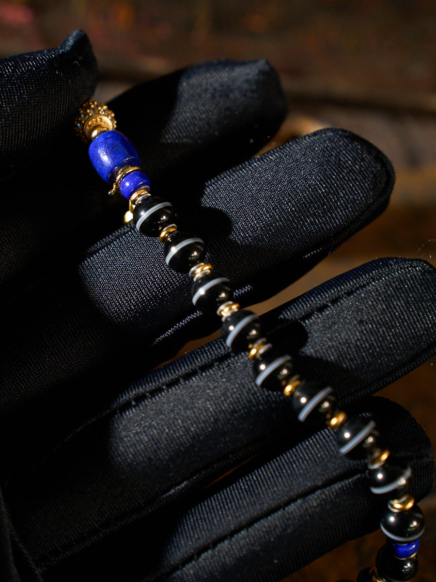 Cosmic Balance & Dual Realm Blessings – Heaven-Earth Dzi Bead Lapis Lazuli Necklace