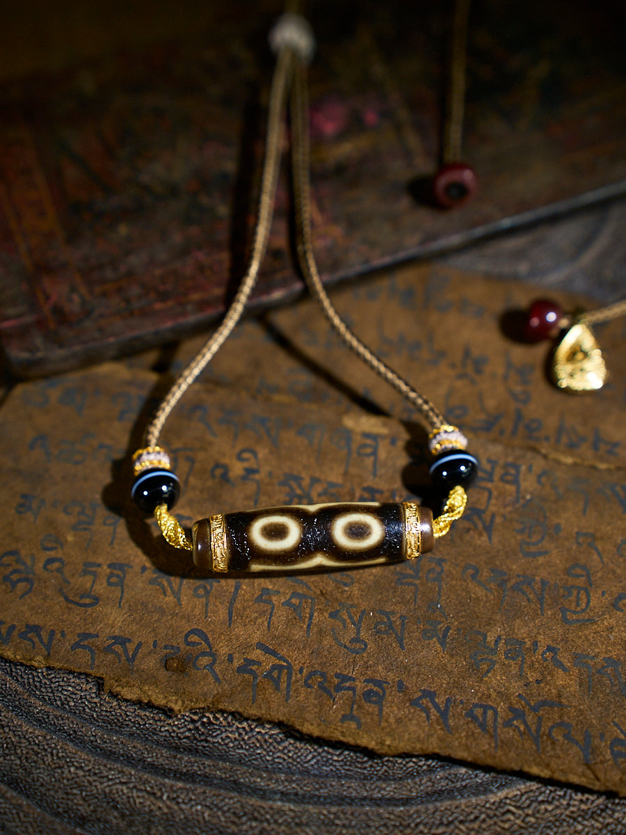 Divine Fortune Three-Eyed Agate 18K Gold Dzi Necklace