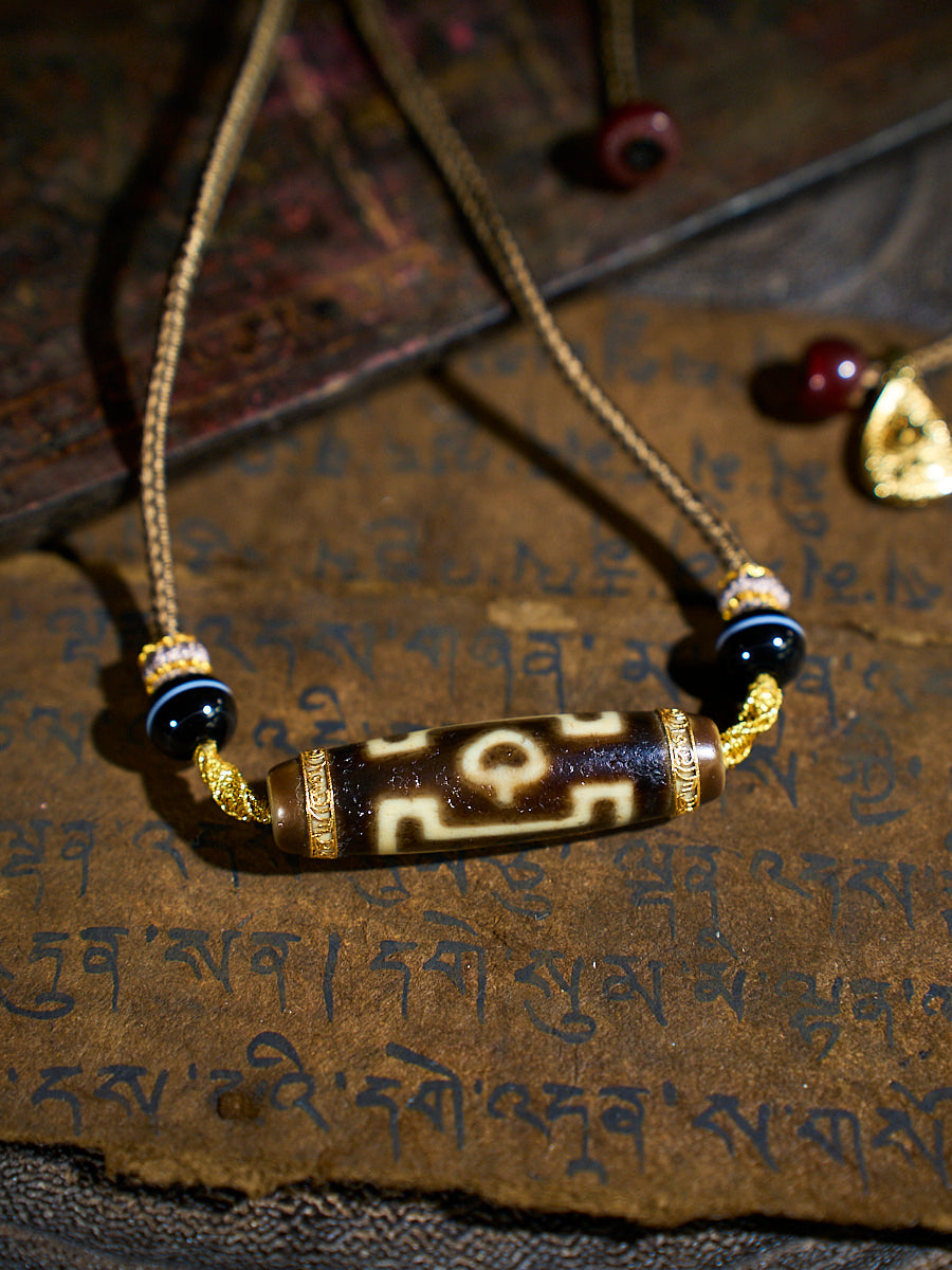 Divine Fortune Three-Eyed Agate 18K Gold Dzi Necklace