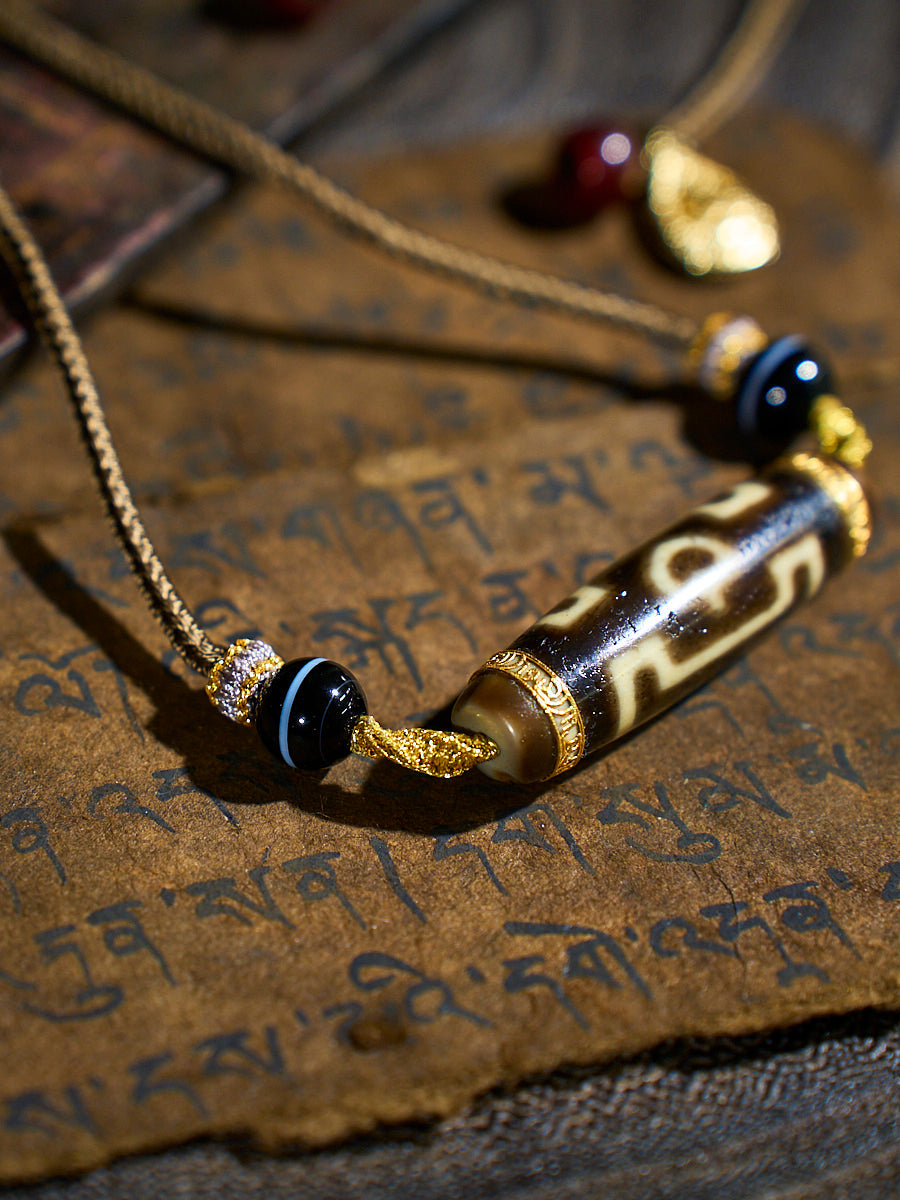 Divine Fortune Three-Eyed Agate 18K Gold Dzi Necklace