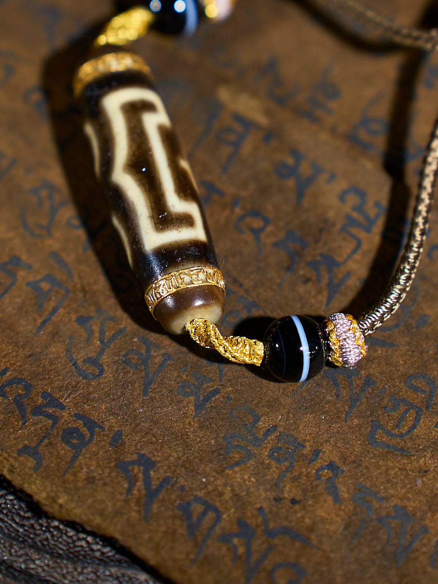 Divine Fortune Three-Eyed Agate 18K Gold Dzi Necklace
