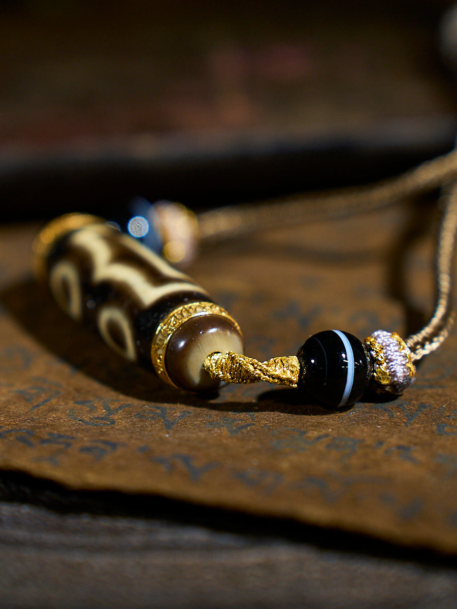 Divine Fortune Three-Eyed Agate 18K Gold Dzi Necklace