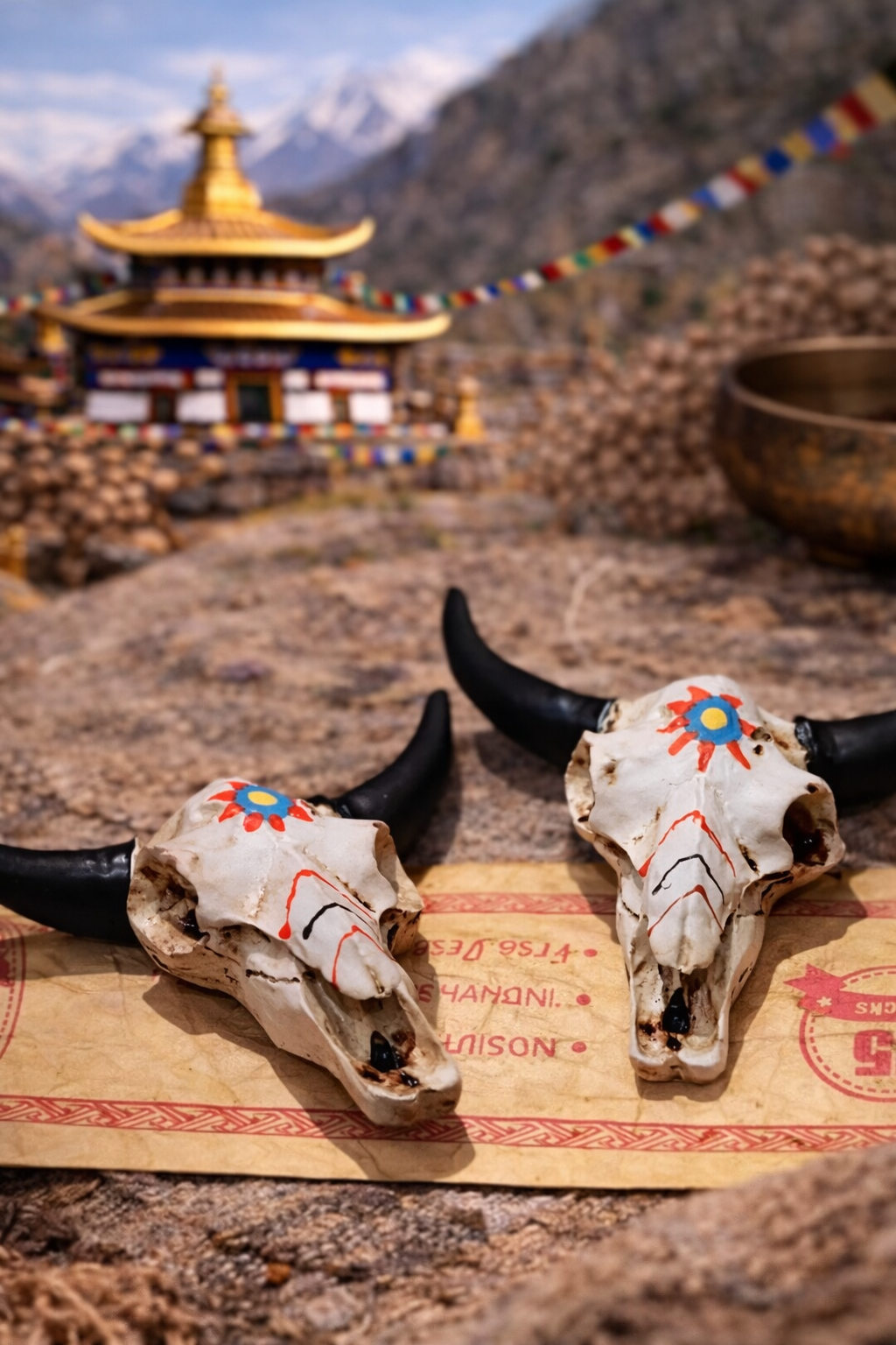 Sacred Yak Skull Sun Totem Handpainted Ornament