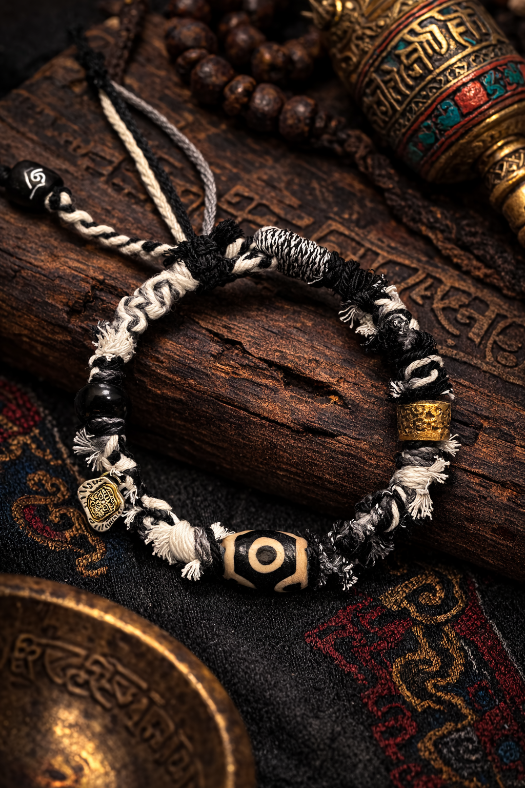 Wealth Vision Three-Eye Dzi Bead Tibetan Cord Bracelet