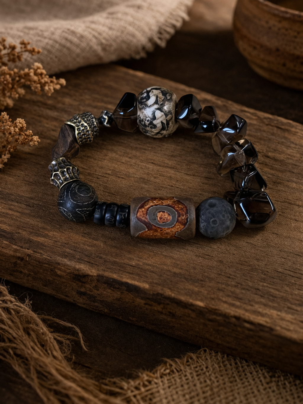 Celestial Guardian Smoky Quartz Three-Eye Dzi Obsidian Bracelet