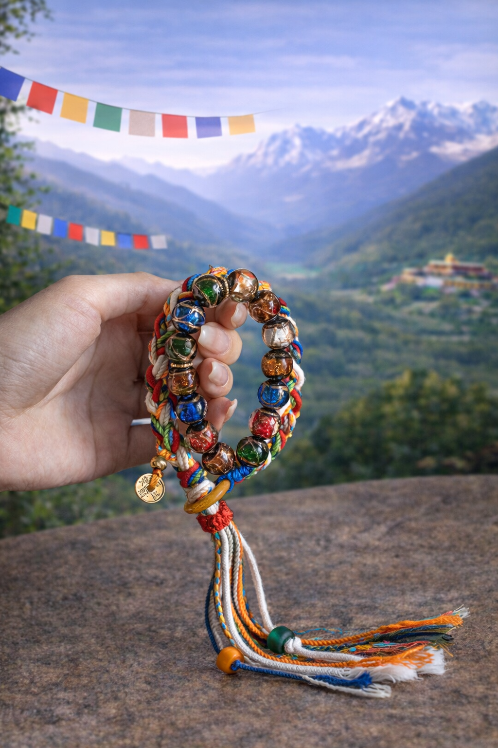 Five Elements Incense Ash Glass Bead Gold Coin Cotton Cord Bracelet