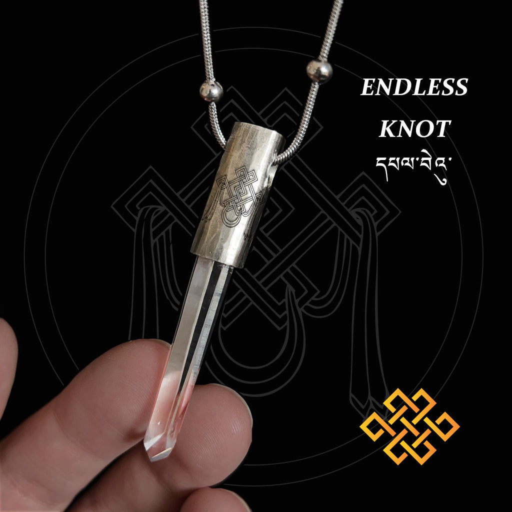 Eight Blessings from Tibet Spiritual Amulet Necklace in Sterling Silver & Crystal Quartz