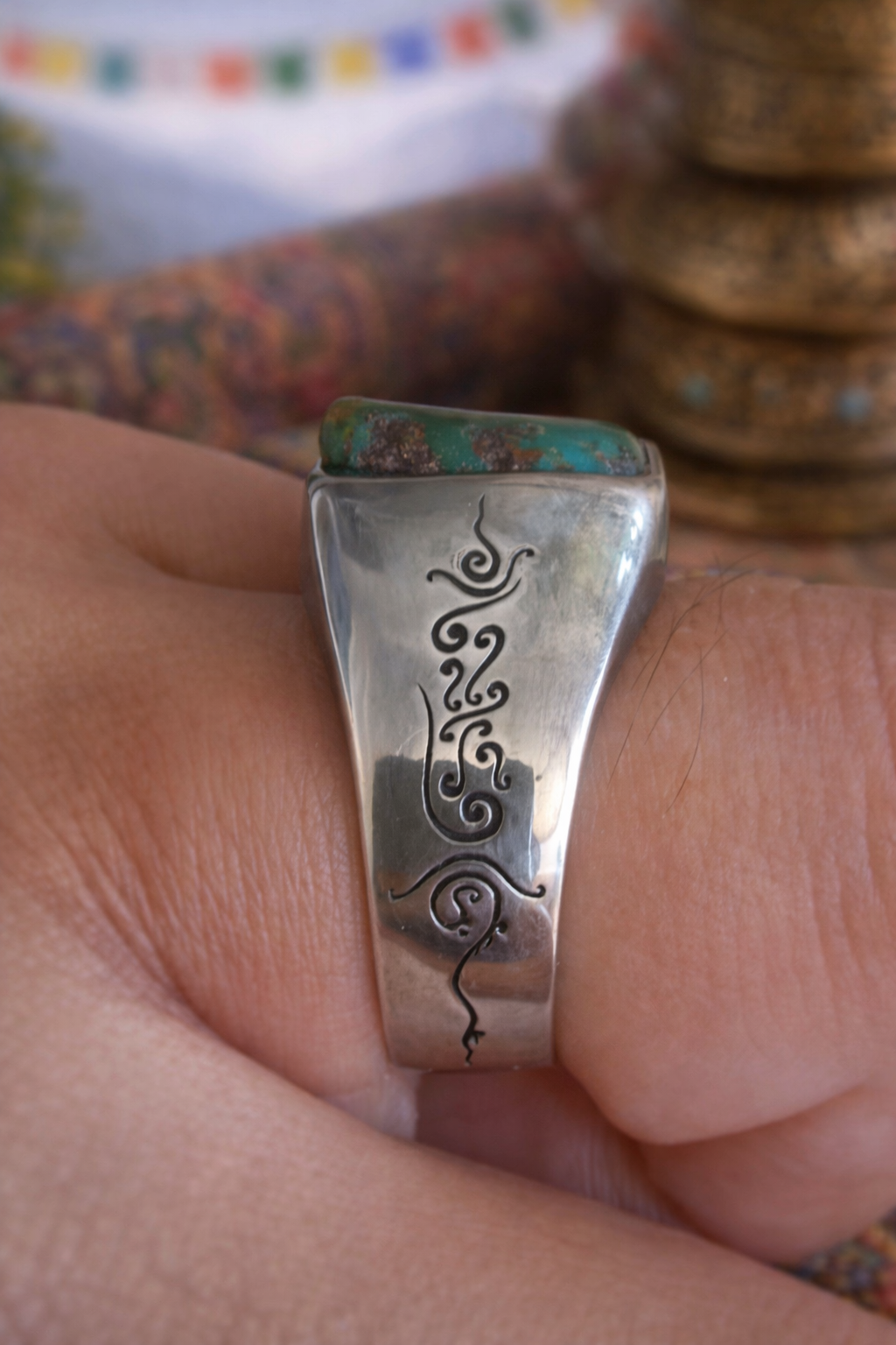Heaven Earth Union Raw Turquoise Tibetan Silver Ring