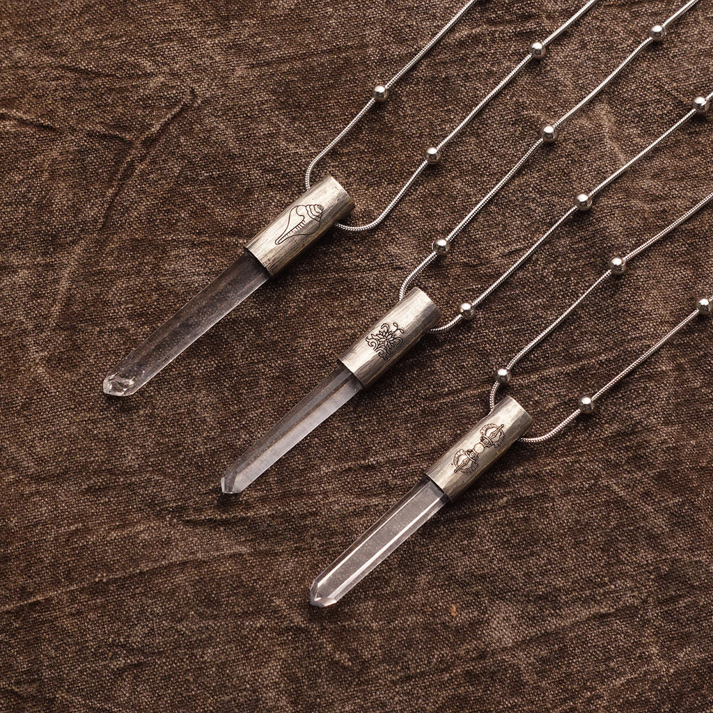 Eight Blessings from Tibet Spiritual Amulet Necklace in Sterling Silver & Crystal Quartz