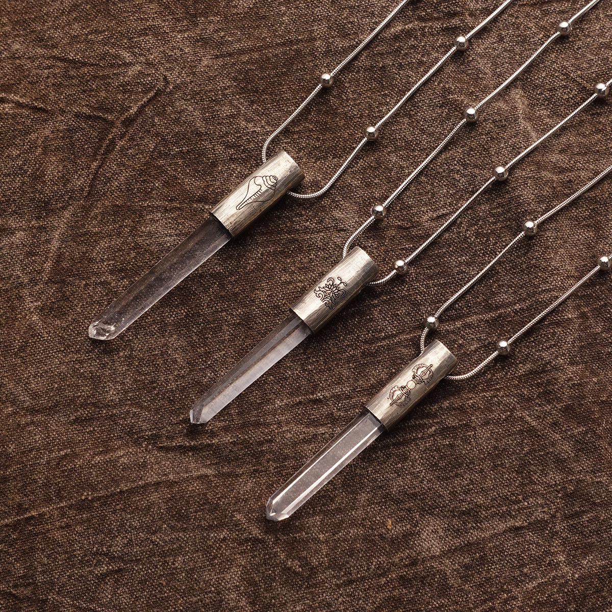 Eight Blessings from Tibet Spiritual Amulet Necklace in Sterling Silver & Crystal Quartz