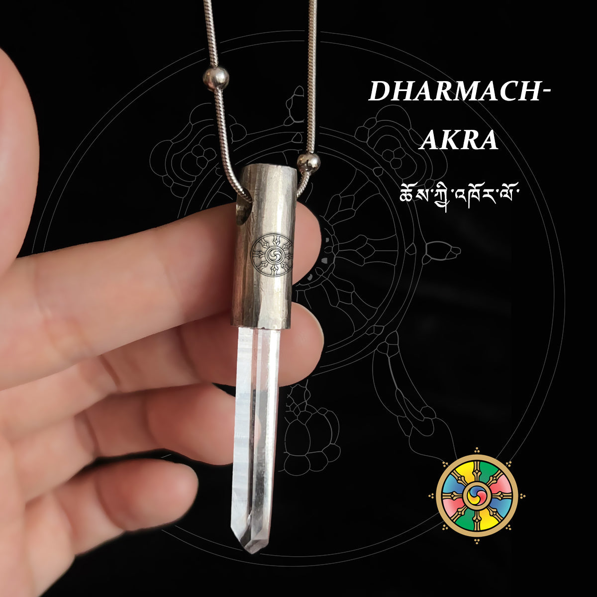 Eight Blessings from Tibet Spiritual Amulet Necklace in Sterling Silver & Crystal Quartz