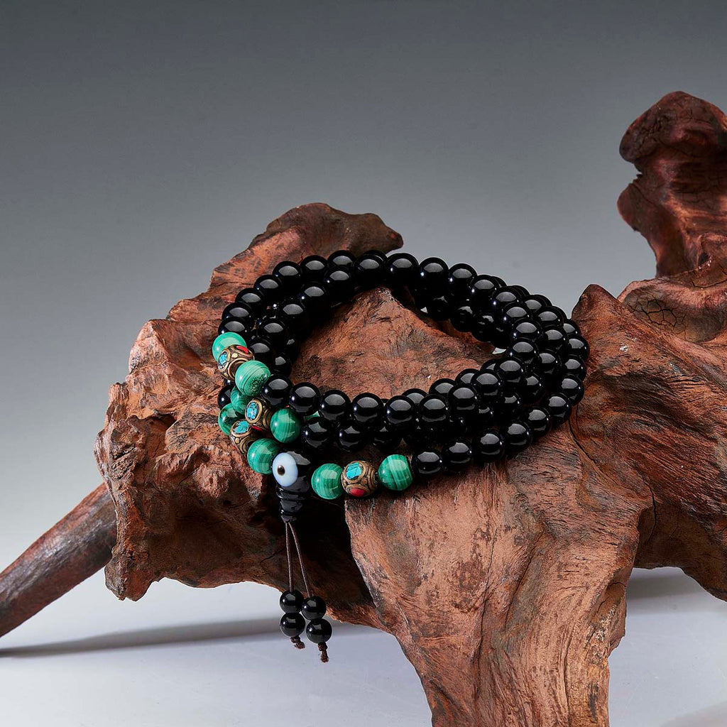 Protection Energy Obsidian and Malachite 108 Mala Bracelet