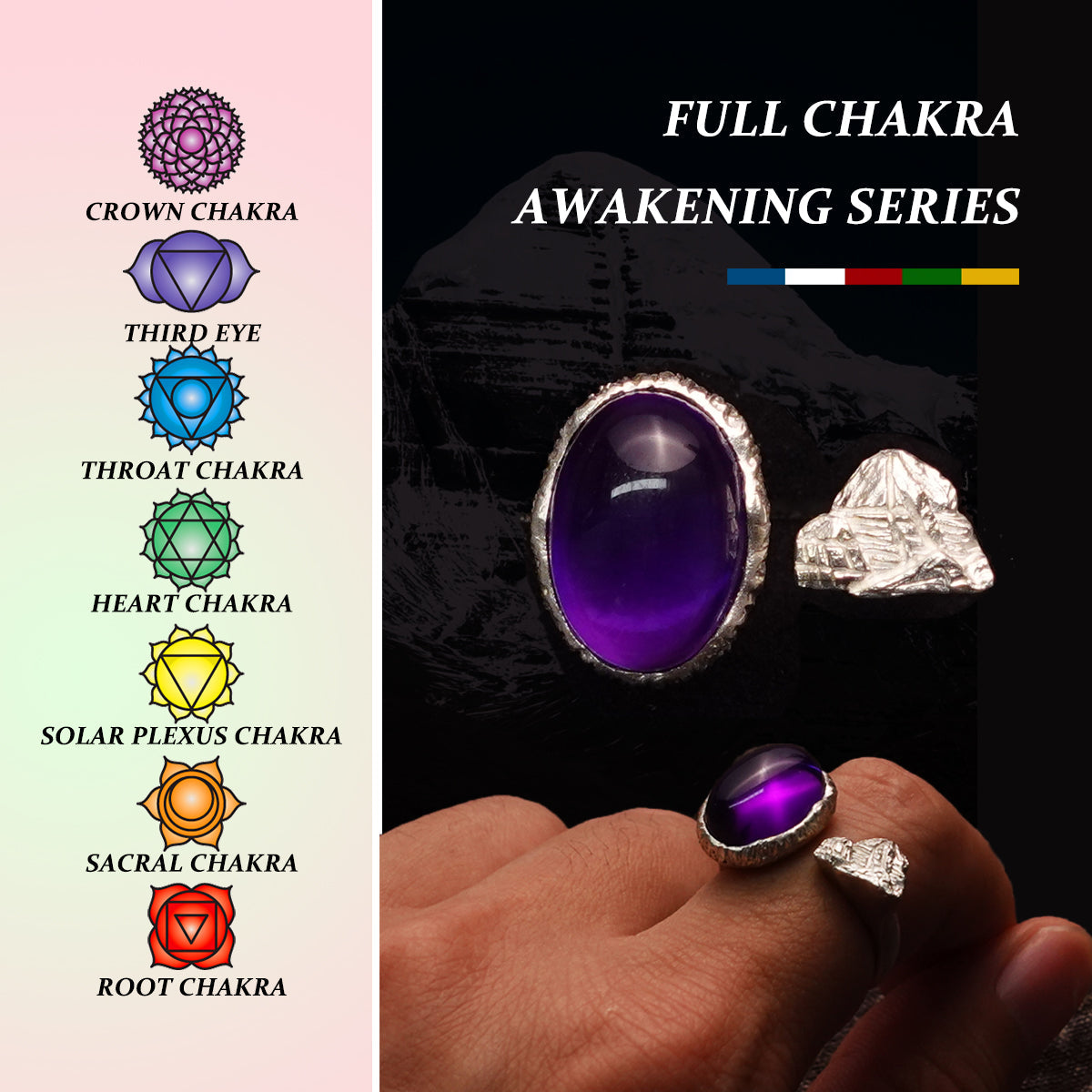 KAILASH ENERGY Chakra Awakening Ring Seven Chakra Gemstone Sterling Silver Adjustable