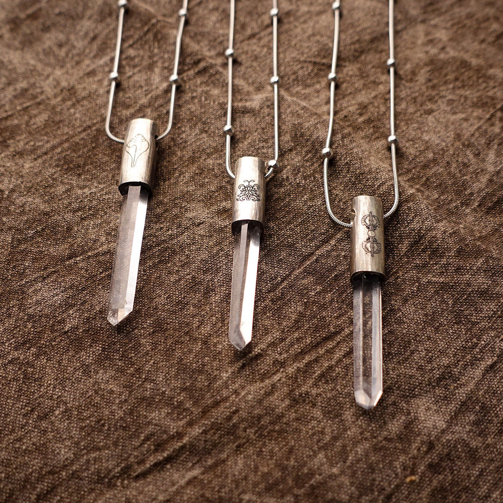 Eight Blessings from Tibet Spiritual Amulet Necklace in Sterling Silver & Crystal Quartz
