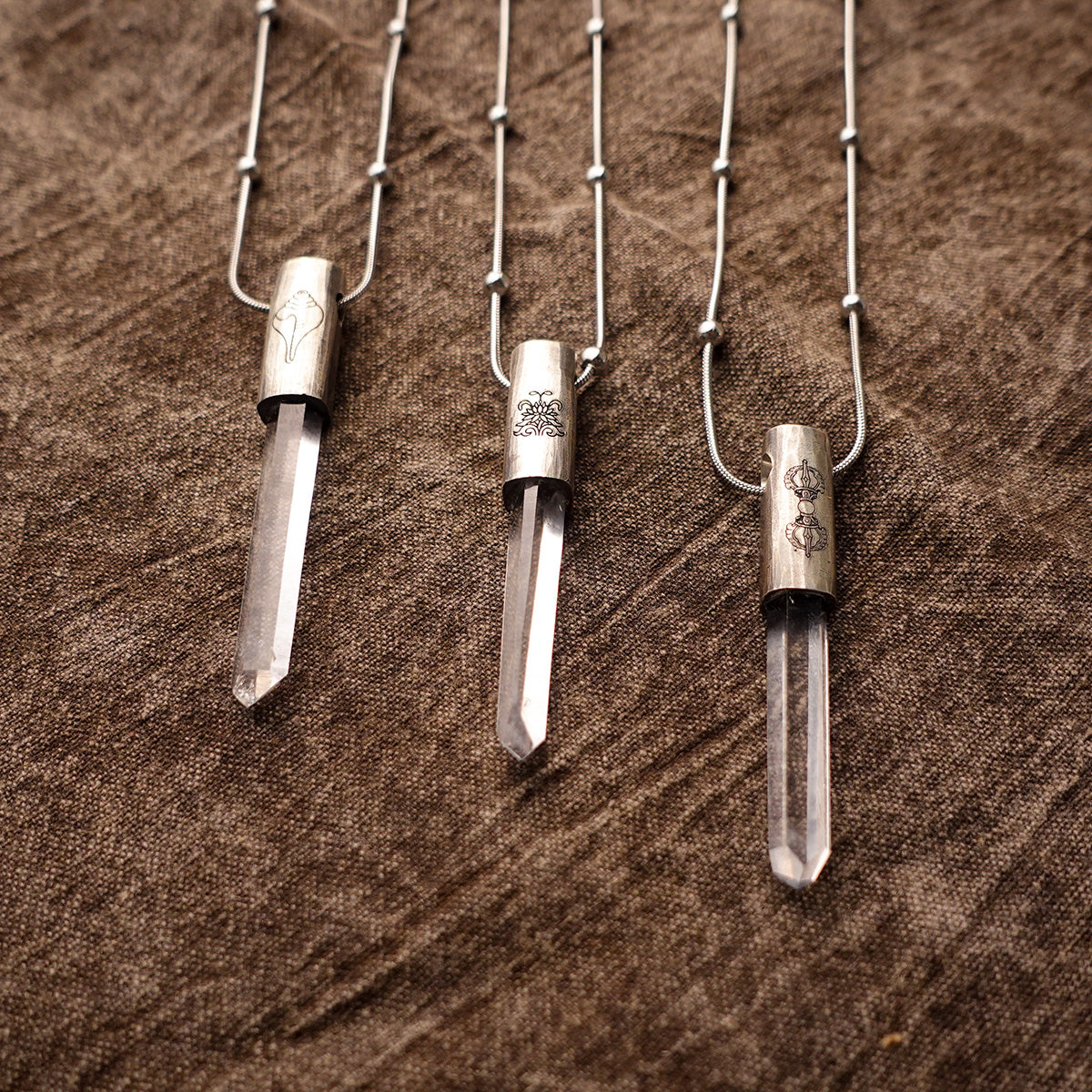 Eight Blessings from Tibet Spiritual Amulet Necklace in Sterling Silver & Crystal Quartz