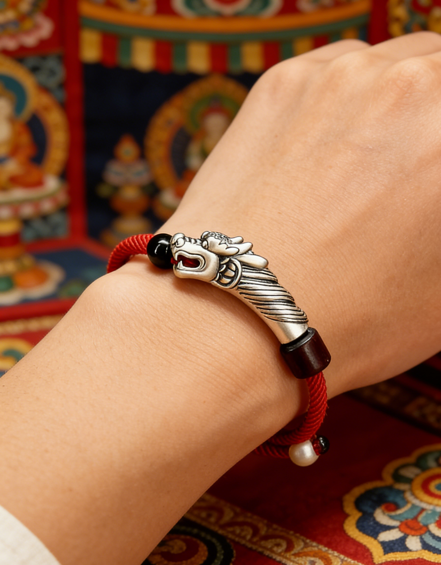 Dragon Guardian Protection Sterling Silver Red Cord Bracelet