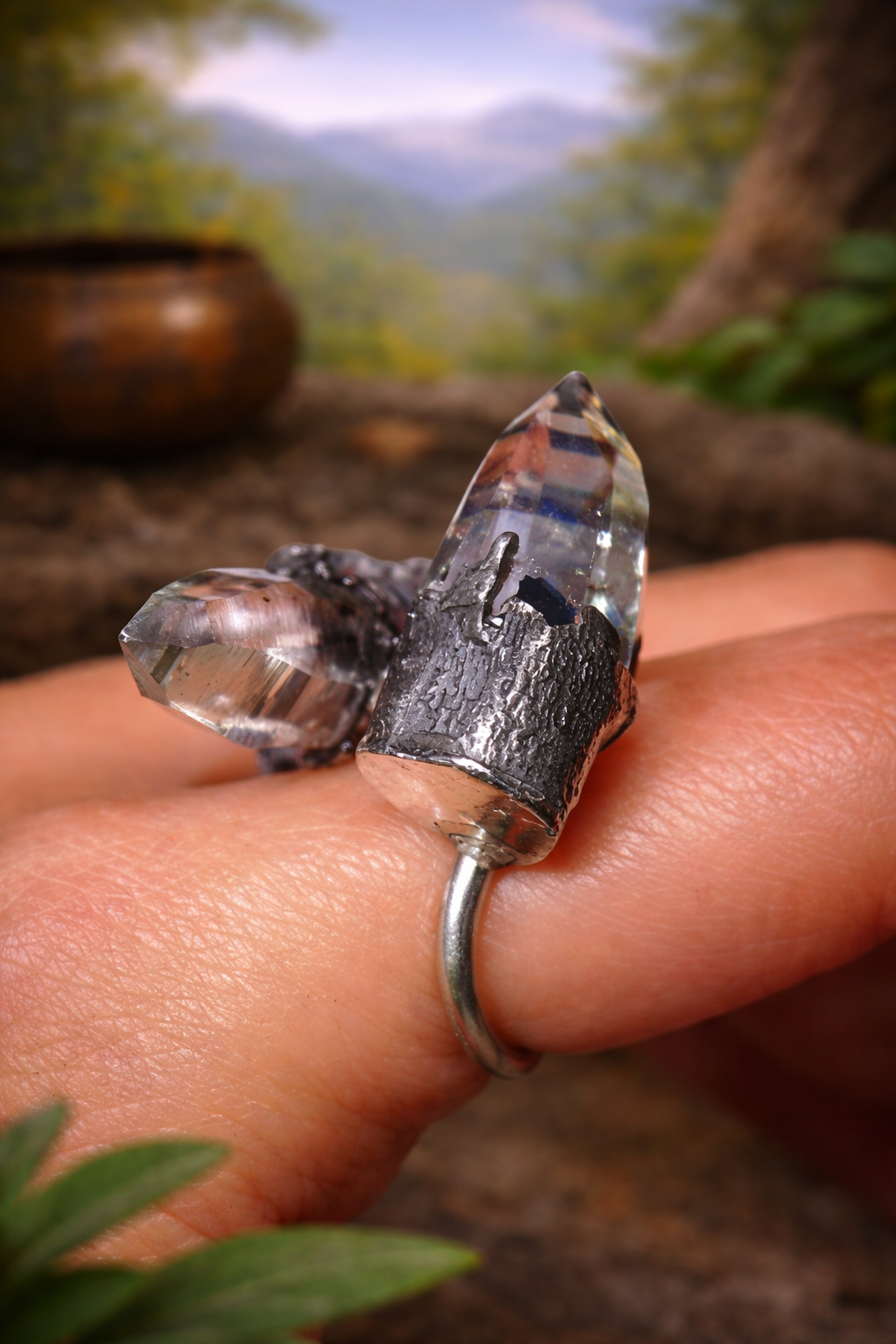 Pure Field Zen Raw Clear Quartz Crystal Silver Ring