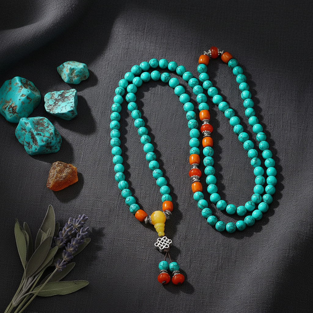 Eternal Knot 108 Turquoise Beeswax Tibetan Mala Necklace