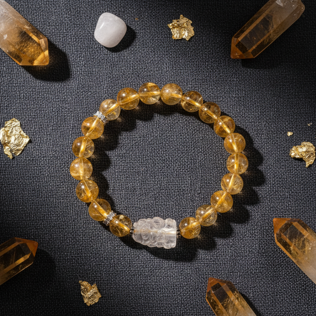 Golden Wealth Citrine Pixiu White Quartz Crystal Bracelet