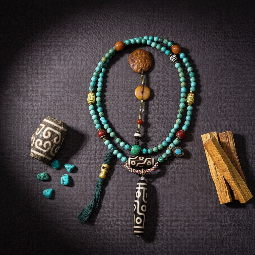 Nine-Eye Dzi Turquoise Guardian Tibetan Long Necklace