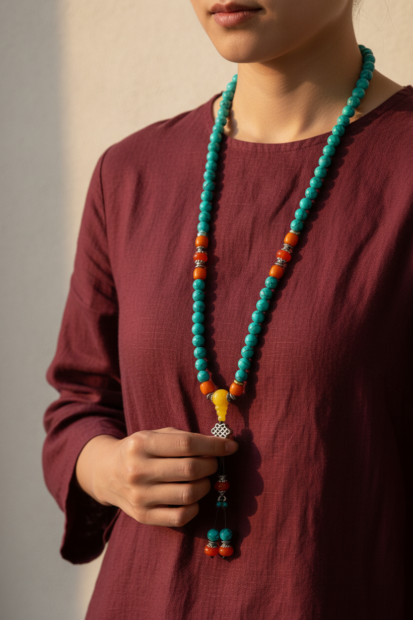 Eternal Knot 108 Turquoise Beeswax Tibetan Mala Necklace