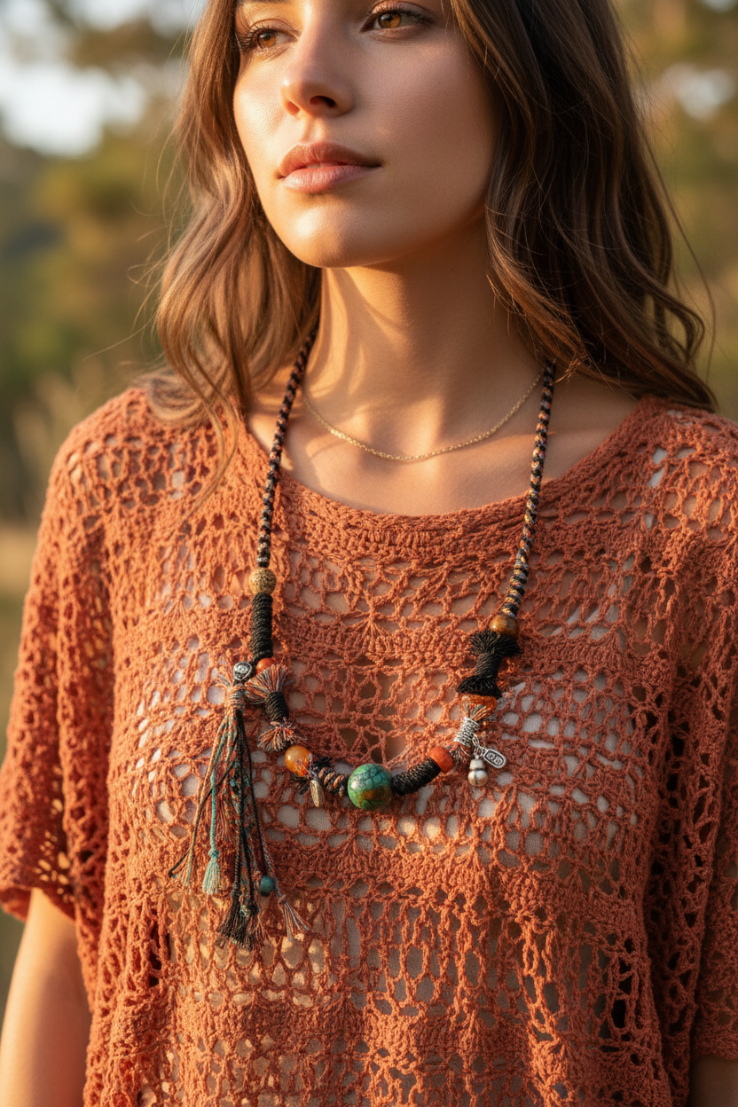 Free Spirit Turquoise Cotton Rope Boho Tibetan Necklace