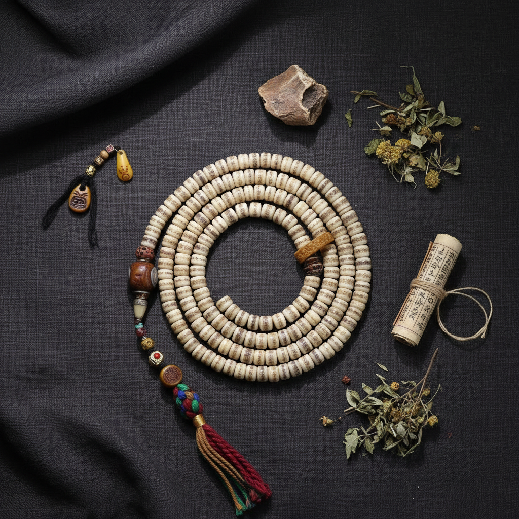 Sacred Scripture 108 Yak Bone Tibetan Mala Necklace