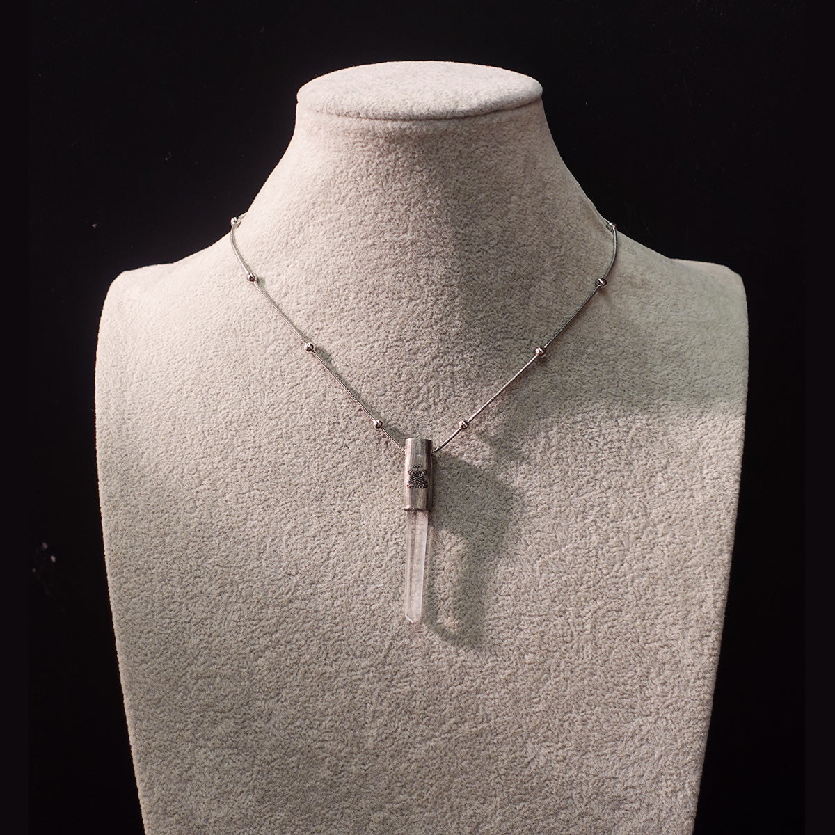 Eight Blessings from Tibet Spiritual Amulet Necklace in Sterling Silver & Crystal Quartz
