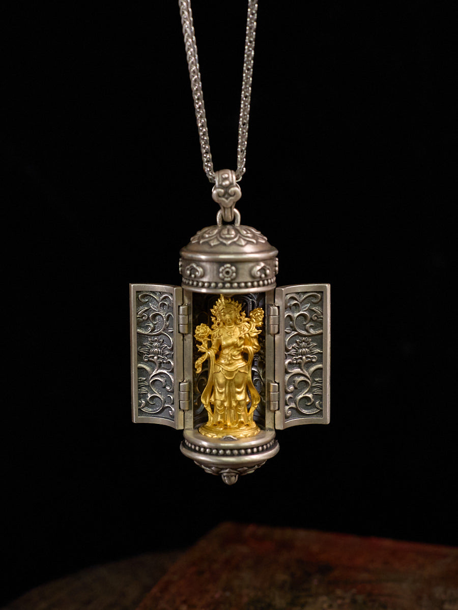 Protective Green Tara Silver Prayer Locket Necklace
