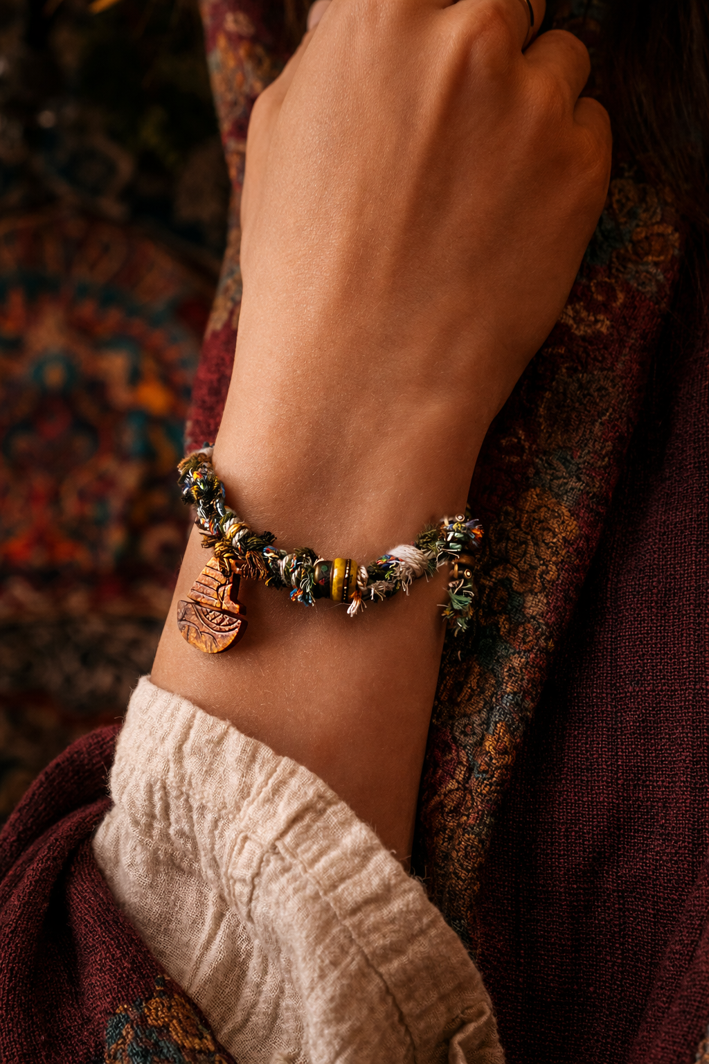 Sacred Guardian Yak Bone Totem Tibetan Cord Bracelet
