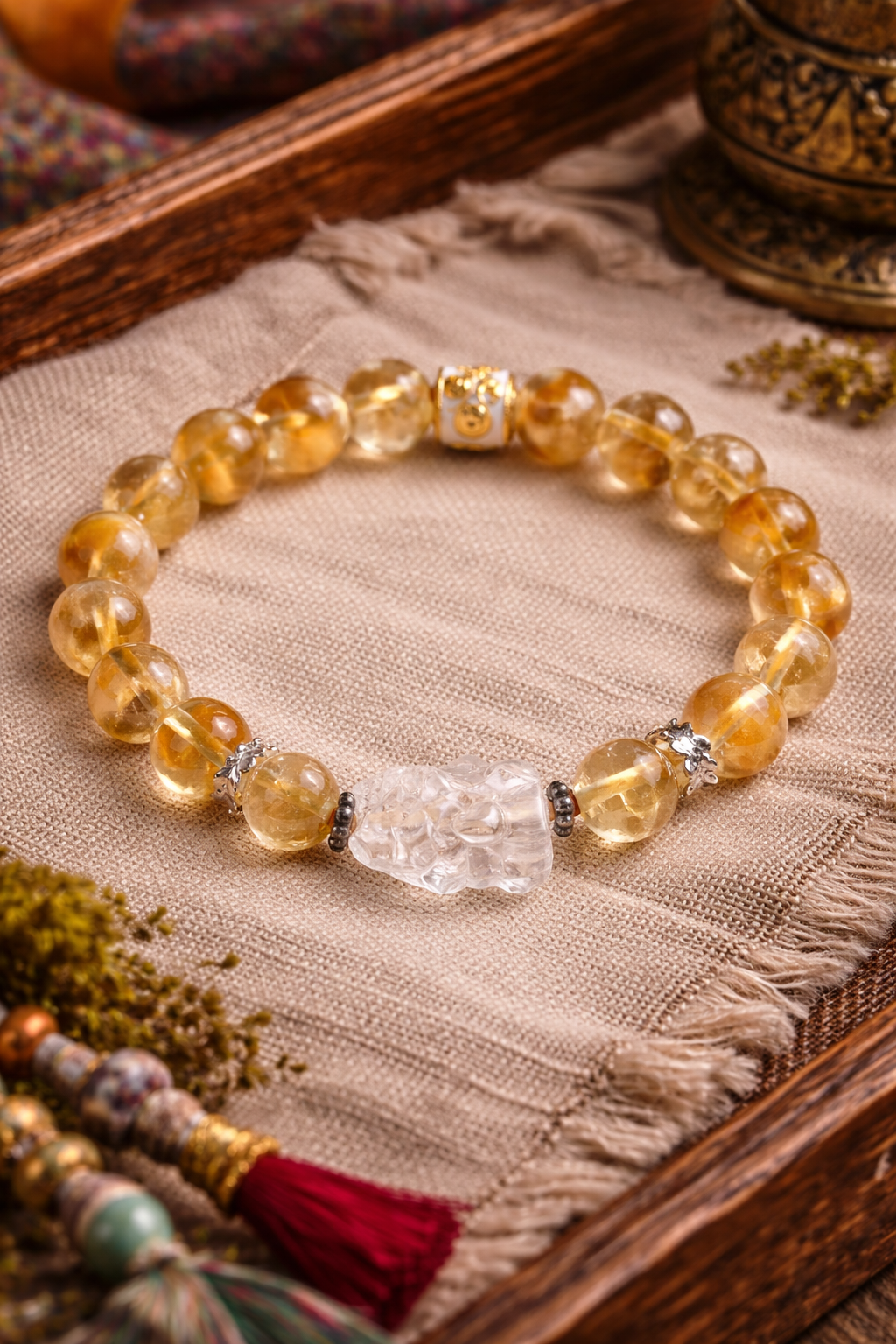 Golden Wealth Citrine Pixiu White Quartz Crystal Bracelet
