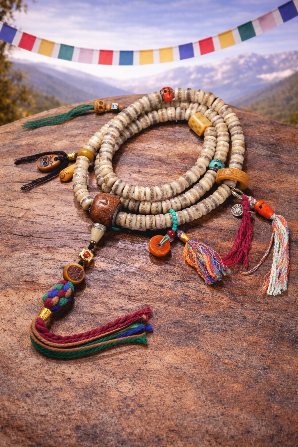 Sacred Scripture 108 Yak Bone Tibetan Mala Necklace