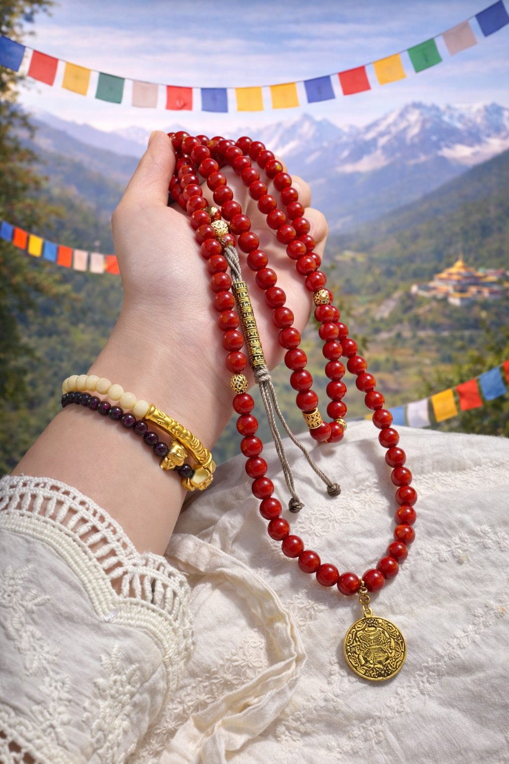 Fortune Flame 108 Nanhong Agate Tibetan Mala Bracelet