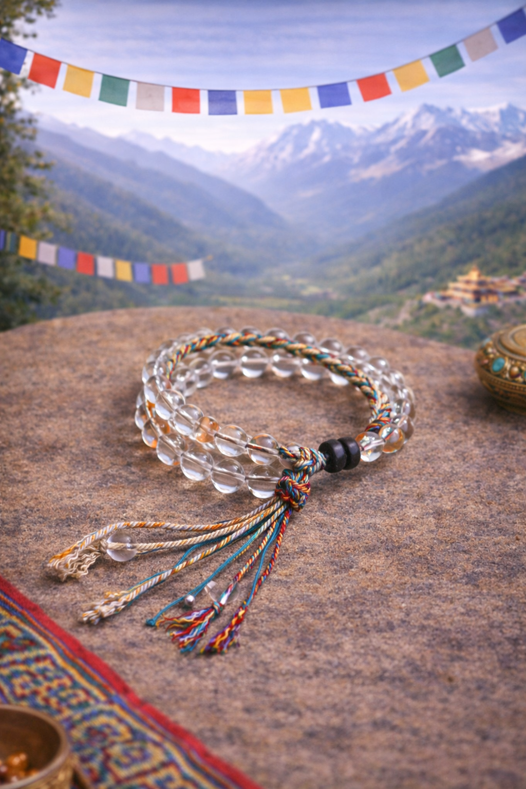 Five Elements Clear Quartz Tibetan Cotton Cord Bracelet