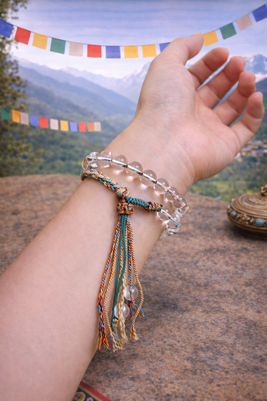Five Elements Clear Quartz Tibetan Cotton Cord Bracelet
