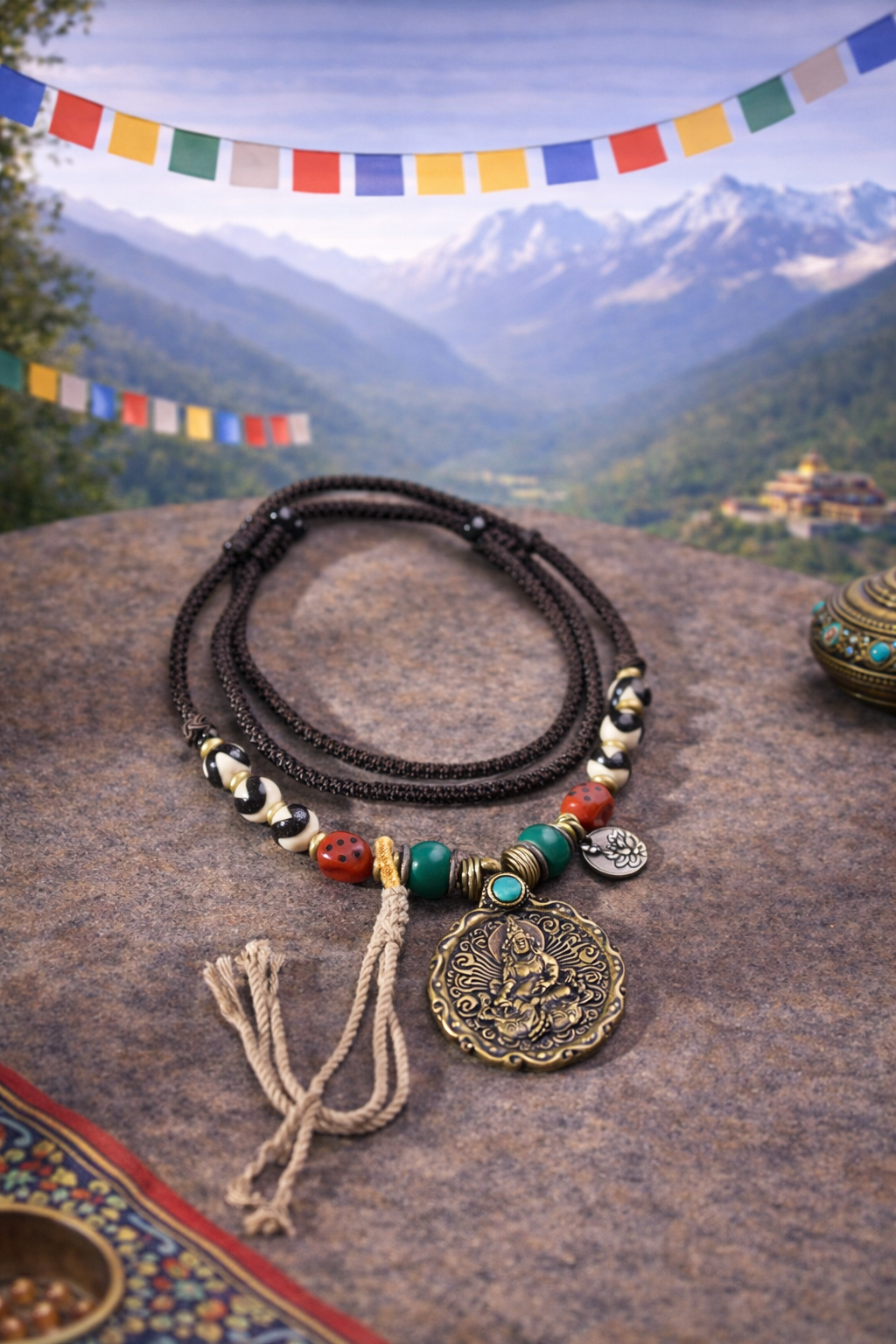 Divine Bodhisattva Thokcha Silver Lotus Tibetan Cotton Necklace
