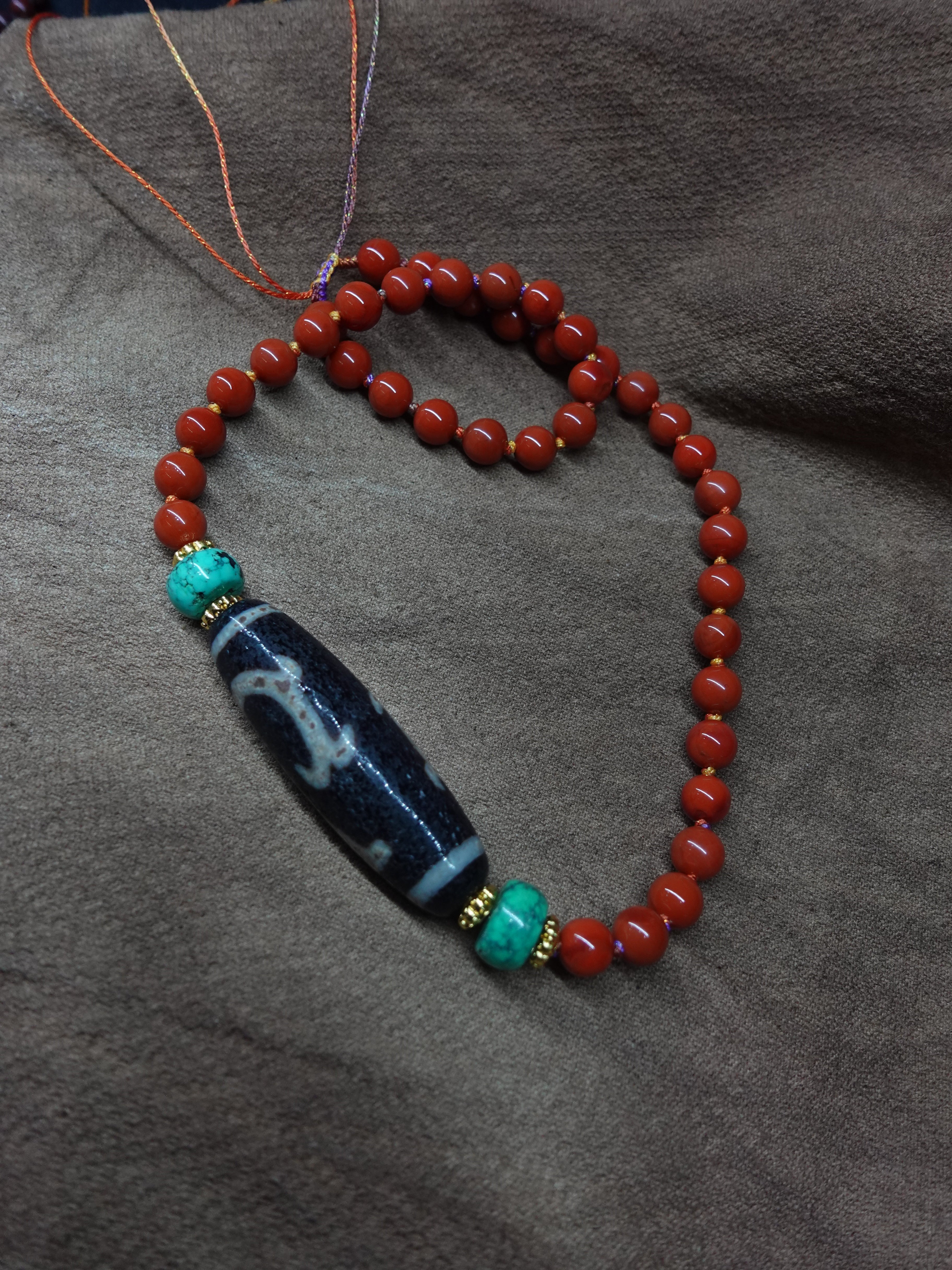 Green Turquoise South Red Agate Weathered Heavenly Bead Necklace