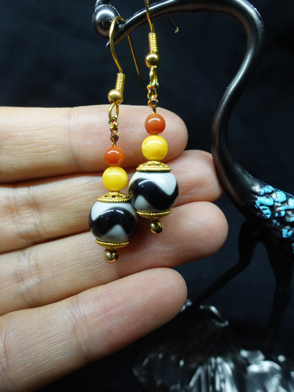 Tiger Tooth Dzi bead Earrings  for health